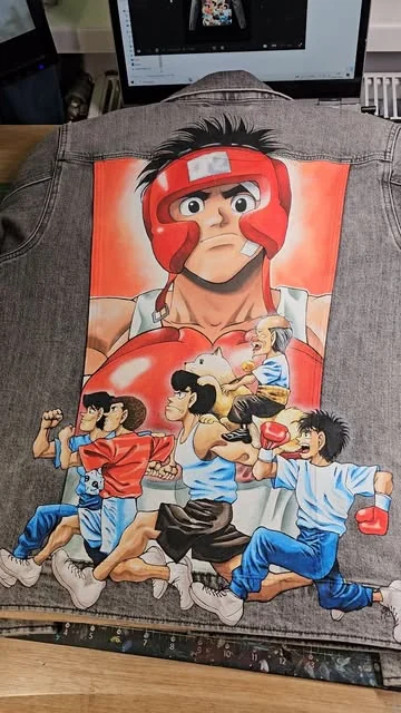 Ręcznie malowana kurtka jeansowa z Ippo i bohaterami anime Hajime no Ippo