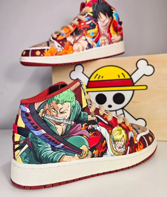 Ręcznie malowane Air Jordan 1 z Luffym, Zoro i Sanjim z One Piece